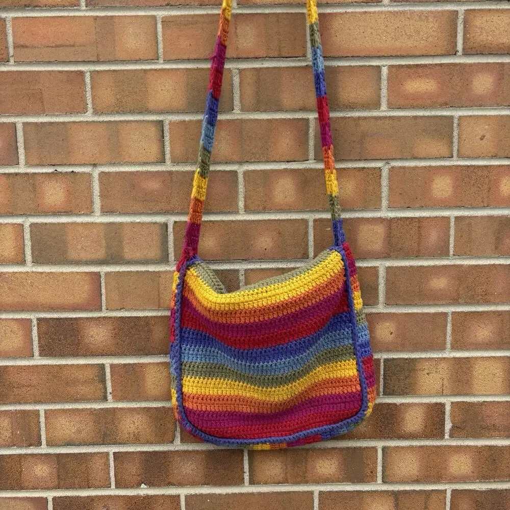 UNIF Rainbow Striped Crochet Bag Crossbody Long Strap